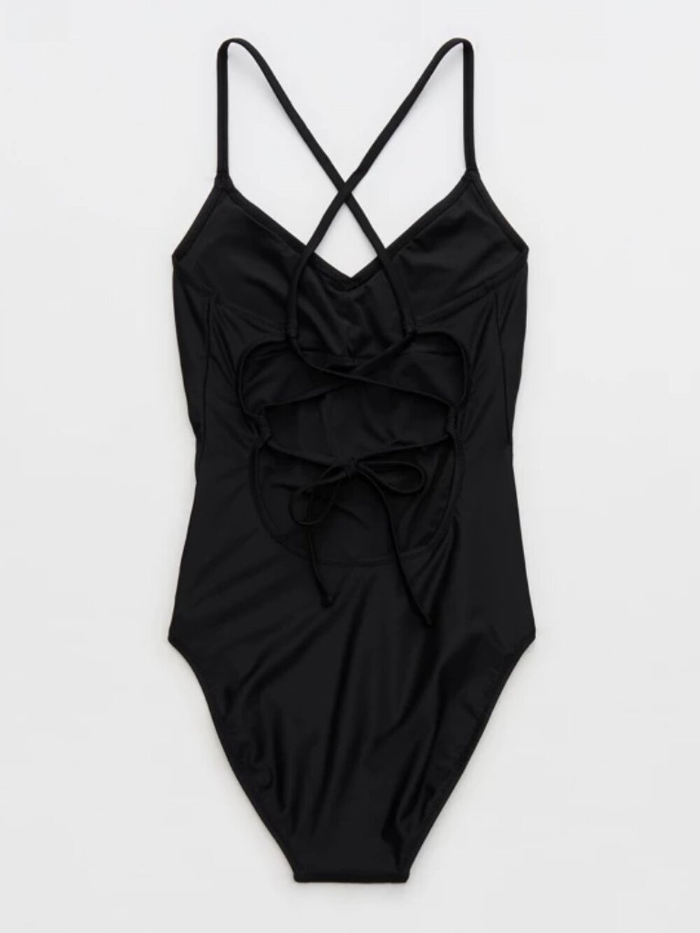 Black Aerie Strappy Lace Up Open Back 1 Piece Swimsuit - Picture 4 of 8
